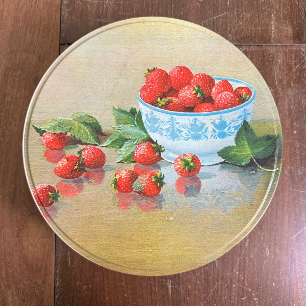 Mrs. Carver's 1950s Strawberry Litho Round Fruit‎ Cake Metal Tin Container